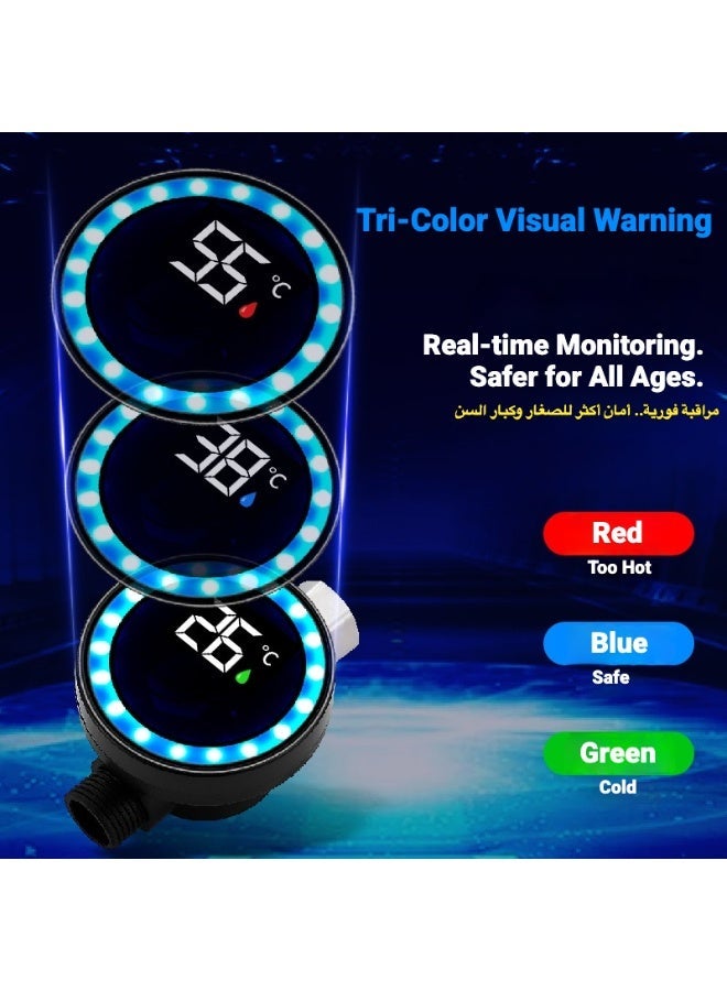 مقياس حرارة دش LED مع ضوء تحذير بـ 3 ألوان - يعمل بالطاقة المائية، شاشة مراقبة حرارة عالية الدقة، صامولة فولاذ مقاوم للصدأ G1/2، أداة أمان لاستحمام الطفل - أسود - Image 3